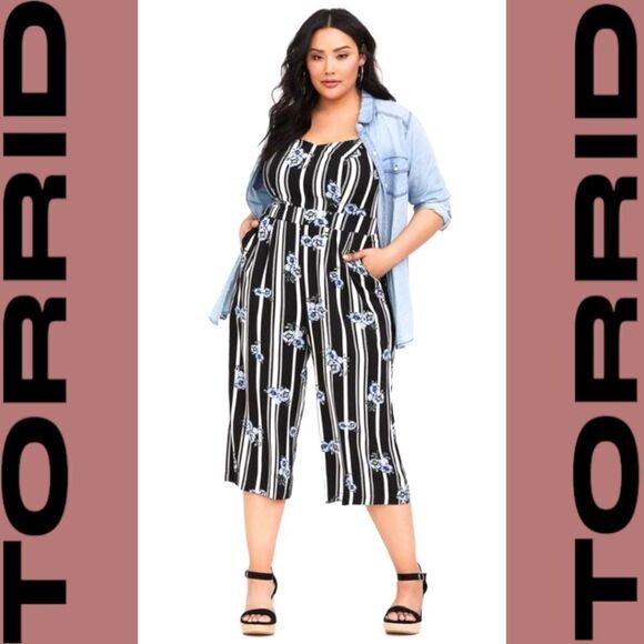 NWOT TORRID Plus Size Striped Floral Challis Culotte Summer Jumpsuit. - Picture 2 of 14
